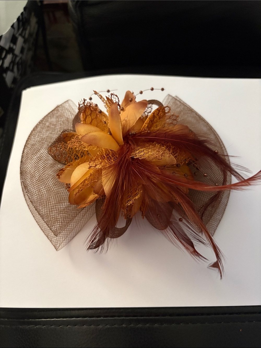 Handcrafted Brown Tan Orange Feather  Floral Fascinator Hair Clip Accessory